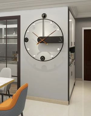 A living room with a modern Round Ring Wall Clock on the wall with tiny lights around the ring.