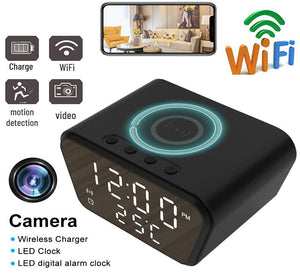 Digital alarm clock with integrated camera and discreet monitoring, featuring Wi-Fi connectivity and iPhone & Android support.