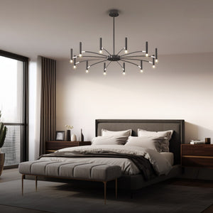 A contemporary bedroom exuding elegance featuring a bed adorned with a stunning chandelier.