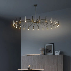 A Contemporary Candle Style Chandelier providing adjustable lighting and elegance in a modern living room.