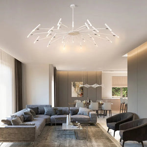 A contemporary living room adorned with an elegant and adjustable lighting fixture, the Contemporary Candle Style Chandelier.