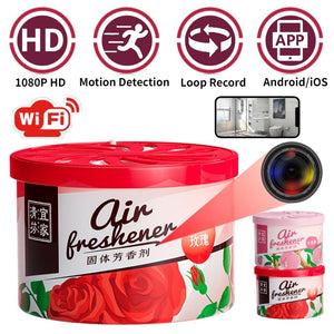 The Fake Decorative Display SpyCam features a round air freshener design with a built-in hidden camera, showcasing WiFi capabilities, 1080P HD quality, motion detection, loop recording, and compatibility with Android/iOS apps. An image of a smartphone screen accompanies these icons. This advanced surveillance tool effortlessly integrates into any setting.