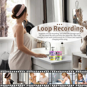 A woman in a towel stands at a bathroom sink, looking in the mirror. On the counter, a pack of soaps discreetly conceals a Fake Decorative Display SpyCam. Below, a filmstrip showcases various domestic scenes accompanied by the words "Loop Recording" and detailed product information about the Fake Decorative Display SpyCam.