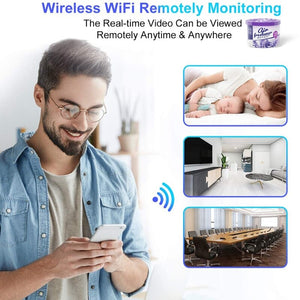 A man uses the Fake Decorative Display SpyCam to remotely monitor activities via wireless WiFi. Below are three images depicting a baby sleeping, a living room, and a conference room, showcasing different monitoring scenarios made possible by this hidden camera.