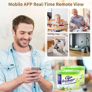 A man uses his smartphone while four smaller images depict various scenes: a baby eating, older adults reading, two cats interacting, and a living room with a Fake Decorative Display SpyCam cleverly disguised as an air freshener.