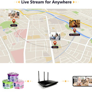 Graphic illustrating a map with labeled points: home, office, and traveling. It emphasizes live streaming capabilities using the Fake Decorative Display SpyCam. The bottom section shows a Wi-Fi router, pet food cans, and a person watching a tablet with their pet.