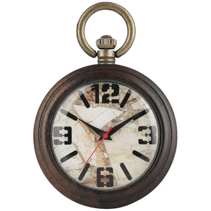 The High Quality Marble Stone Watch Dial Wooden Pocket Watch features a vintage quartz design with a wooden case, bronze loop, and white face with bold black 12, 3, 6, and 9 numerals. The clock hands display the time as 10:10:36.