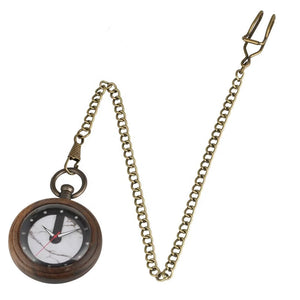 The Custom Vintage Retro Handmade Marble Dial Quartz Wood Pocket Watch Relojes De Bolsillo features a wooden case and brass chain, blending antique charm with modern quartz movement. Displayed on a white background for timeless appeal.
