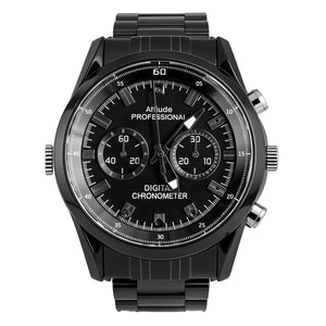 The Watch SpyCam is a black professional digital chronometer spy watch with a metal band, three subdials, and silver accents on white—discreetly featuring a hidden camera for added security.