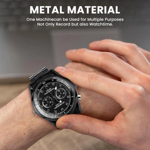 A person wears the Watch SpyCam, a black analog wristwatch, on their left wrist. Text above reads: "Metal Material. This 1080P watch camera is perfect for discreet recording and also tells time.