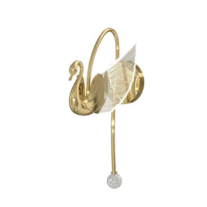 The Swan Wall Light is a decorative wall sconce featuring a graceful swan shape with a curved neck, transparent wing-like details, and a hanging crystal ornament that offers elegant indoor lighting.