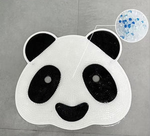 The Panda Shower Massage Mat is a panda-shaped rug featuring a detailed view of blue and white gel beads on a gray floor, designed to improve circulation.