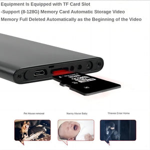 A close-up of a TF memory card partially inserted into the Power Bank SpyCam, with sample security footage images and text highlighting the memory card’s features.
