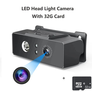The Rechargeable Headlamp SpyCam, equipped with a 32GB microSD card and an HD 1080p lens, features a rectangular LED headlight that projects a beam of light. This hands-free camera is displayed on a white background.