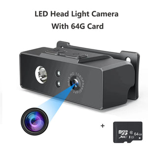 Introducing the Rechargeable Headlamp SpyCam, featuring a sleek black LED headlight and bundled with a 64GB Micro SD card. This hands-free device boasts HD 1080p recording capabilities.