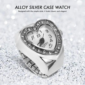 The Sweetheart Ring Watch features a heart-shaped design with a rhinestone border and glittery silver background. This alloy silver case timepiece is both classic and romantic—ideal for fans of elegant rhinestone jewelry.