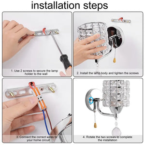 Four-step instructions for installing the Luxury Cylinder Wall Light: secure the holder, attach the lamp body, connect wires, and tighten screws to complete installation of your modern wall sconce.