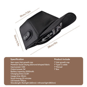 Heated cap for hair growth dimensions and specs: 19cm top width, 12cm height, 28cm length, 60cm inner circumference, 2000mAh battery, Type-C cable included.