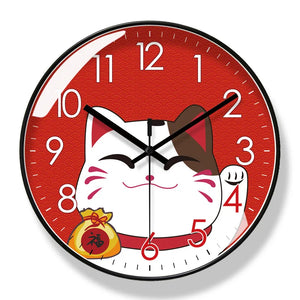 The Cartoon Cat Wall Clock features a round red background, a smiling lucky cat, black hands, and white numerals—a playful decor piece that brings luck and charm to any space.