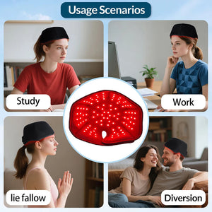Usage Scenarios guide showing red light therapy cap worn for study, work, meditation, and relaxing at home with glowing LED interior close-up.