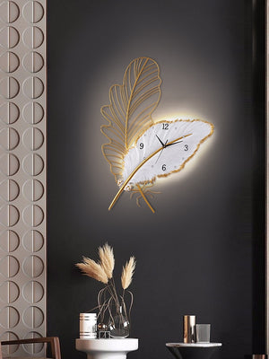 wall clock light | wall clock that lights up at night | oversized illuminated wall clock | illuminated wall clock | feather light fixture | feather art | feather art | metal feather wall decor | feather wall light | large metal feather wall art | 3 piece feather wall art | feather wall sconce