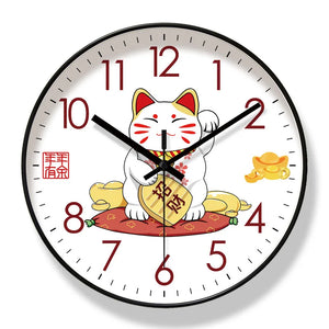 The Cartoon Cat Wall Clock features black numbers and hands, with a cartoon cat holding gold ingots and red Chinese characters on a white background—an ideal lucky charm decor for any room.