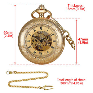 Golden Roman Pocket Watch features visible gears, Roman numerals, floral engravings, and a chain. Dimensions and measurements are highlighted in red text around the watch and chain.