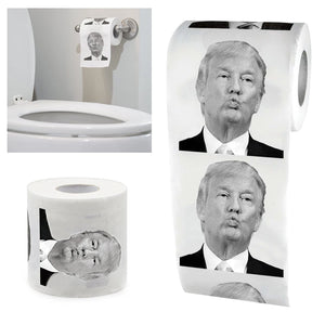Trump Toilet Paper features repeated black-and-white prints of Trump's puckered-face expression, ideal for satire fans. Shown on a holder near a toilet and as individual rolls.
