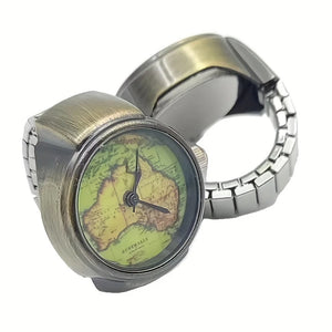 The Retro Aussie Ring Watch is a metal ring with a mini watch face featuring a vintage Australia map design and an expandable silver-toned band.