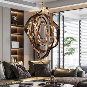 Modern living room featuring the Elegant Industrial Gallery Pendant as a sculptural light fixture, complemented by gray sofas with cushions, built-in shelves, and large windows with blinds allowing in natural light.
