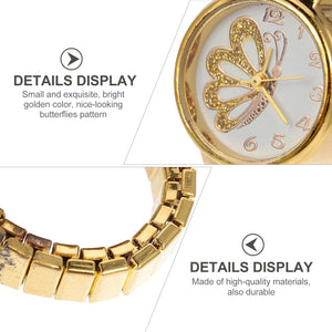 Close-up of the Butterfly Ring Watch, featuring a gold butterfly motif on the dial and a gold-link strap, showcasing its elegant jewelry-inspired design and quality materials.