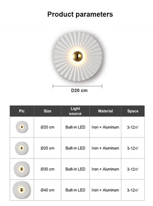 Image showing specifications of the Origami Circle Wall Light, a round LED wall light with built-in LED, available in four sizes (20-40 cm), made of iron and aluminum, ideal for 3-12㎡ spaces and perfect for modern interiors.