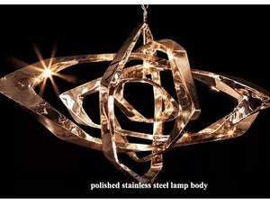 The Elegant Industrial Gallery Pendant features a modern, abstract LED design with a polished stainless steel lamp body, shown illuminated against a black background.
