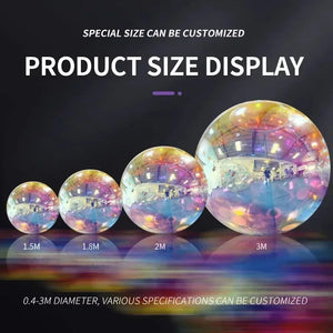 Four Inflatable Gazing Balls (diameters: 1.5m, 1.8m, 2m, 3m) shine on a black background with customizable size options—ideal for pool or garden decor and sure to make any space stand out.