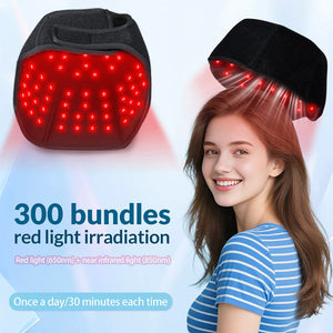 Smiling woman wearing red light therapy cap with velcro strap, labeled 300 bundles red light irradiation at 650nm and 850nm wavelengths.