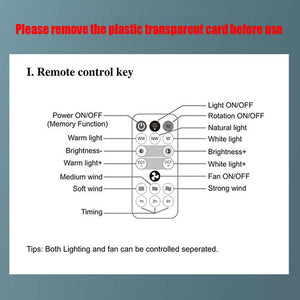 Diagram of a remote control key displaying labels for power, ambient lighting modes, brightness, fan settings, and timing. Top text advises removing the plastic transparent card before use to ensure seamless operation of your 360° Rotatable Fan Light.