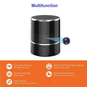 The SpyCam WiFi Bluetooth Speaker is a black cylindrical device featuring a small camera lens, live streaming, Full HD 1080p recording to micro SD, video sharing, motion detection, and easy setup.