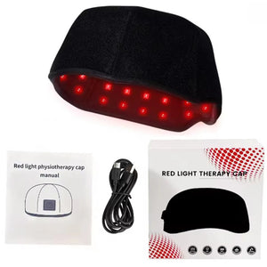 Red light therapy cap for hair growth set with glowing black cap, user manual, USB charging cable, and RED LIGHT THERAPY CAP retail box.