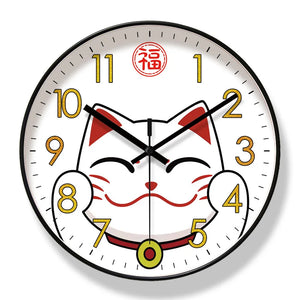 The Cartoon Cat Wall Clock features a round design with a smiling beckoning cat, black hour and minute hands, and golden numerals—ideal as lucky charm decor or a playful accent for any room.