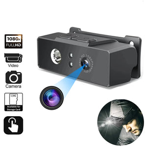 A Rechargeable Headlamp SpyCam, featuring a black HD 1080p Full HD dashcam with an external lens and storage card slot. An inset image shows a person wearing the camera on their head, functioning as a hands-free LED headlamp. Several icons highlight its various functions and features.