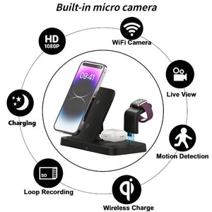 The Universal Charging Station SpyCam is a charger and charging station with a hidden camera, wireless charging, motion detection, HD 1080P live view, loop recording, and WiFi for discreet monitoring.