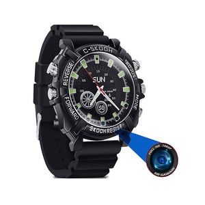 The Modern SpyCam Watch is a black digital watch with multiple function buttons and a hidden camera for HD video recording, marked by a "Full HD 1080p" label and an indicator graphic.