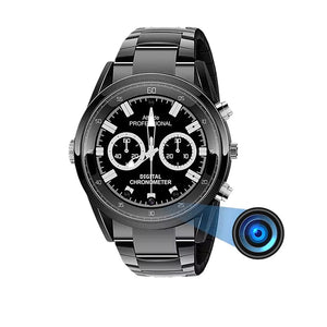 The 007 SpyCam Watch is a sleek black and silver timepiece with a discreet hidden camera icon, ideal for covert recording thanks to its advanced motion detection capabilities.