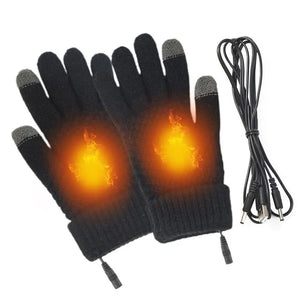 The Soft Heated Gloves are black, USB rechargeable, feature glowing orange heat indicators on the palms, and come with a detachable USB charging cable.