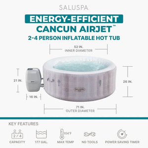 Infographic of the Inflatable Hot Tub, a round backyard spa ideal for 2-4 people, showcasing dimensions, key features, and capacity. Holds 177 gallons, heats up to a maximum temperature of 104°F, and includes an energy-saving timer.