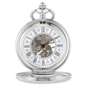 The Silvery Pocket Watch is a vintage-inspired silver mechanical pocket watch with Roman numerals and an open skeleton dial that reveals its detailed inner gears.