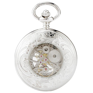 The Silvery Pocket Watch features a vintage design with intricate engravings on the case and a skeleton dial that reveals the internal gears through a transparent window on the front.