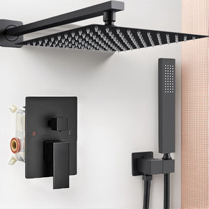 Black Wall Mounted Switch & Handheld Shower set featuring a modern matte black finish, square rainfall showerhead, handheld shower wand, and a sleek wall-mounted temperature control panel set against a white tiled wall.