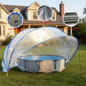 A Large Outdoor Above Ground Pool Cover with blue trim shelters a circular above-ground pool on a lawn in front of a house. Insets display details of the cover's transparent frame, fabric, and welding rod construction.