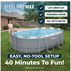 A woman stands next to the Above Ground Swimming Pool Set in a backyard. Text highlights its quick, tool-free 40-minute setup: lay the liner flat, assemble the corrosion-resistant steel frame, and fill with water.